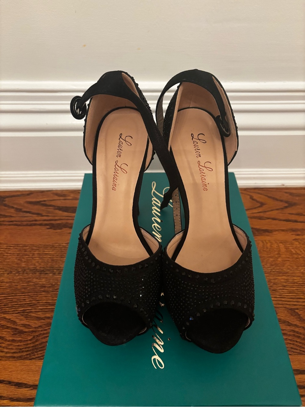 Lauren Lorraine Black Crystal Peep-Toe Ankle Strap Heels